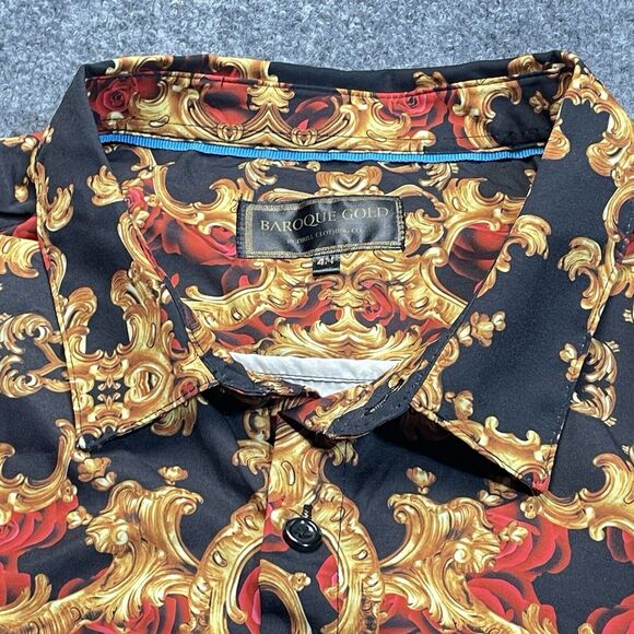 Baroque Gold Shirt Mens 4X Black Gold Crowns Chain Rose Filigree Button Up - Picture 8 of 9